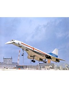Concorde supersonic jet taking off against a cloudy sky, with a control tower in the background.
