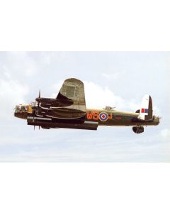 A vintage Lancaster bomber aircraft in flight, featuring distinctive markings "WSOJ" and roundel insignia, against a cloudy sky backdrop.