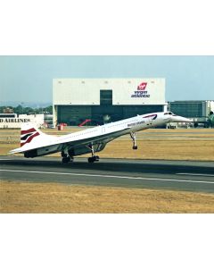 British Airways Concorde taking off in front of a Virgin Atlantic hangar at the airport.