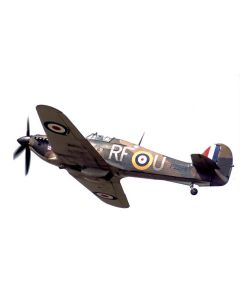 A WWII-era Supermarine Spitfire flying at an angle, showcasing its camouflage and roundel markings, with the registration RF-U visible on the side.