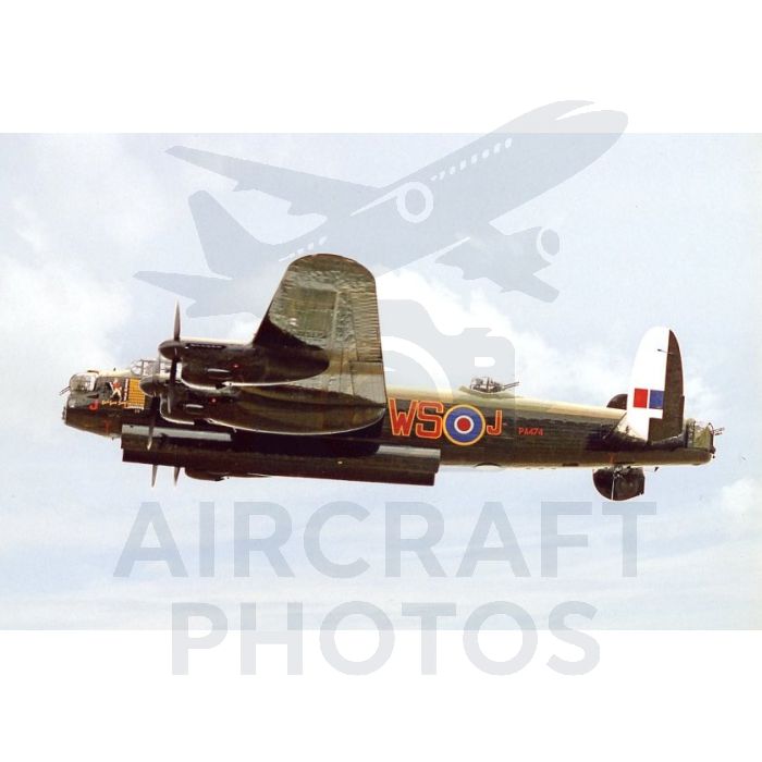 A vintage Lancaster bomber aircraft in flight, featuring distinctive markings "WSOJ" and roundel insignia, against a cloudy sky backdrop.