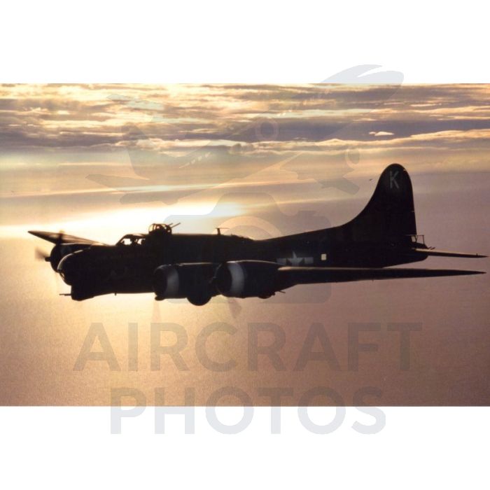 B-17 Flying Fortress Sally B over the North Sea at sunset – air-to-air photo by Russell Mason