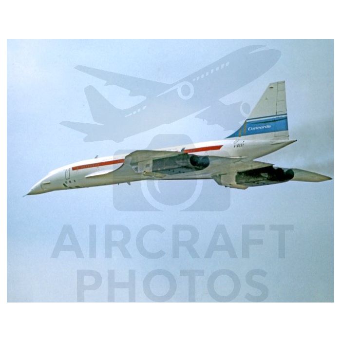 Concorde supersonic jet in flight against a cloudy sky, showcasing its distinctive delta wing design and iconic red and blue livery.