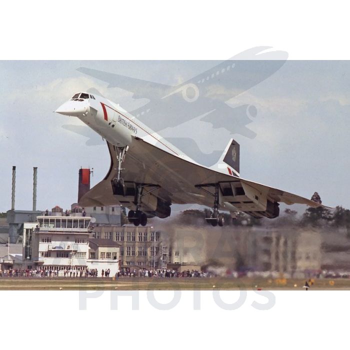 Concorde aircraft taking off from an airport, with spectators and control tower visible in the background.